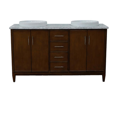 61" Double sink vanity in Walnut finish with White Carrara marble and round sink - 400901-61D-WA-WMRD