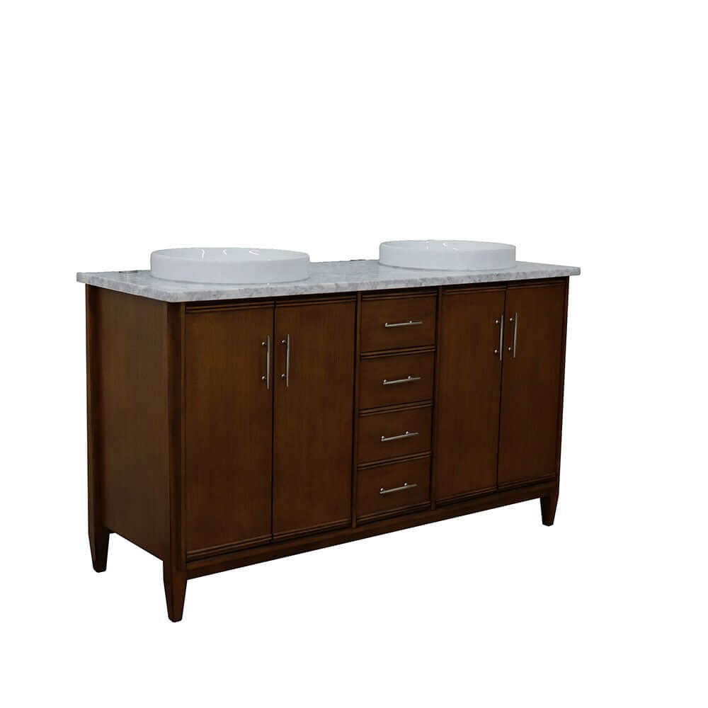 61" Double sink vanity in Walnut finish with White Carrara marble and round sink - 400901-61D-WA-WMRD