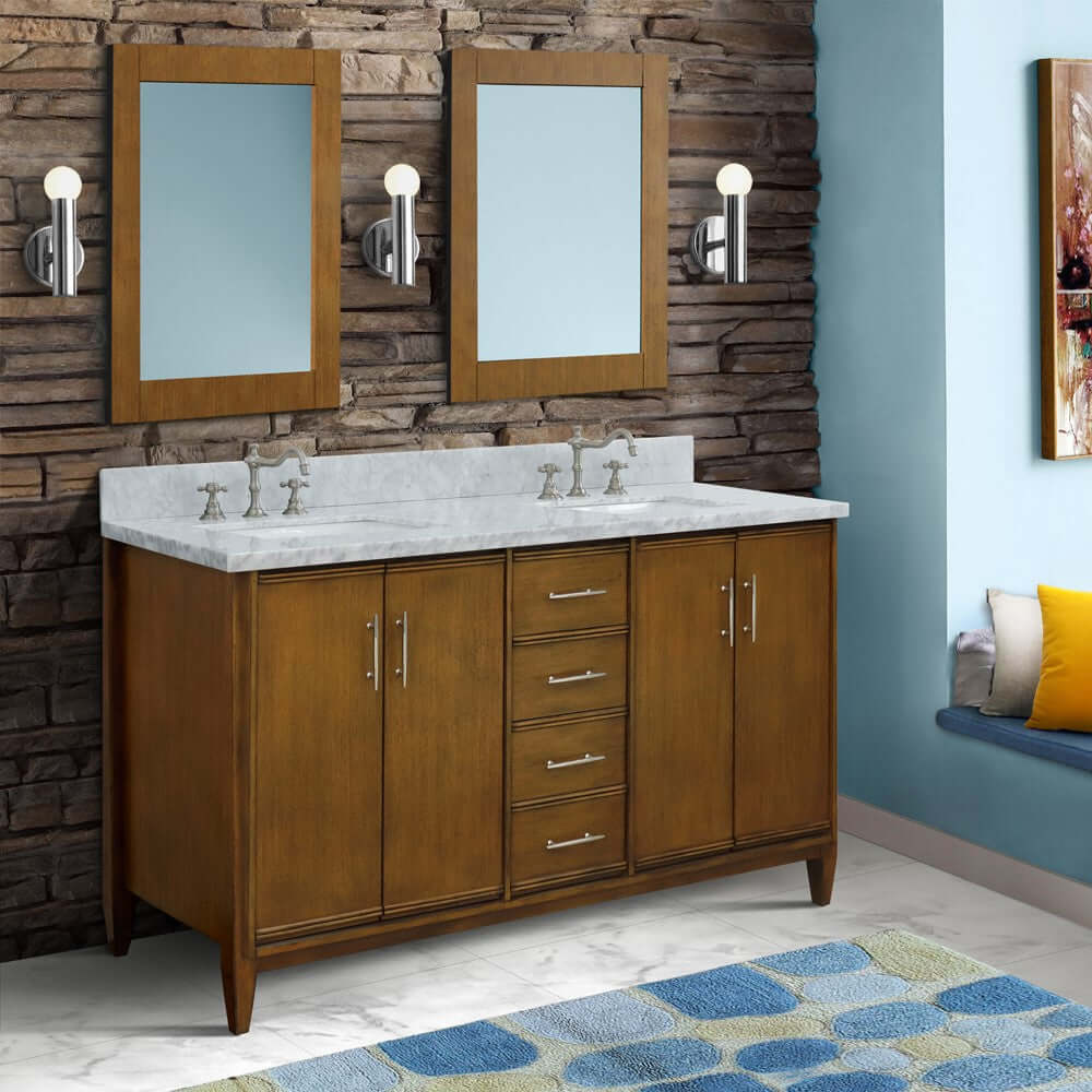 61" Double sink vanity in Walnut finish with White Carrara marble and rectangle sink - 400901-61D-WA-WMR