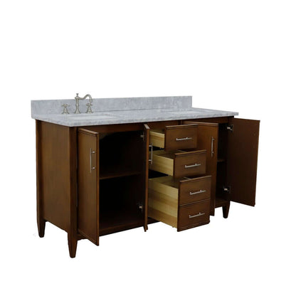 61" Double sink vanity in Walnut finish with White Carrara marble and rectangle sink - 400901-61D-WA-WMR