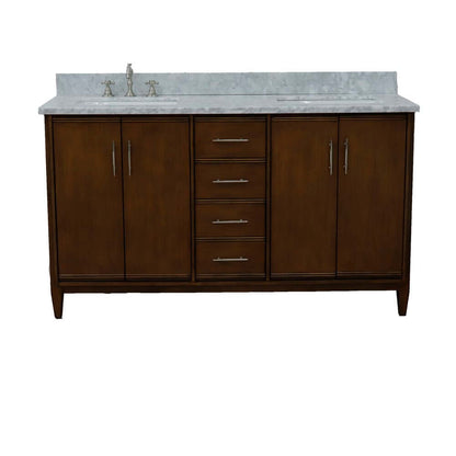 61" Double sink vanity in Walnut finish with White Carrara marble and rectangle sink - 400901-61D-WA-WMR