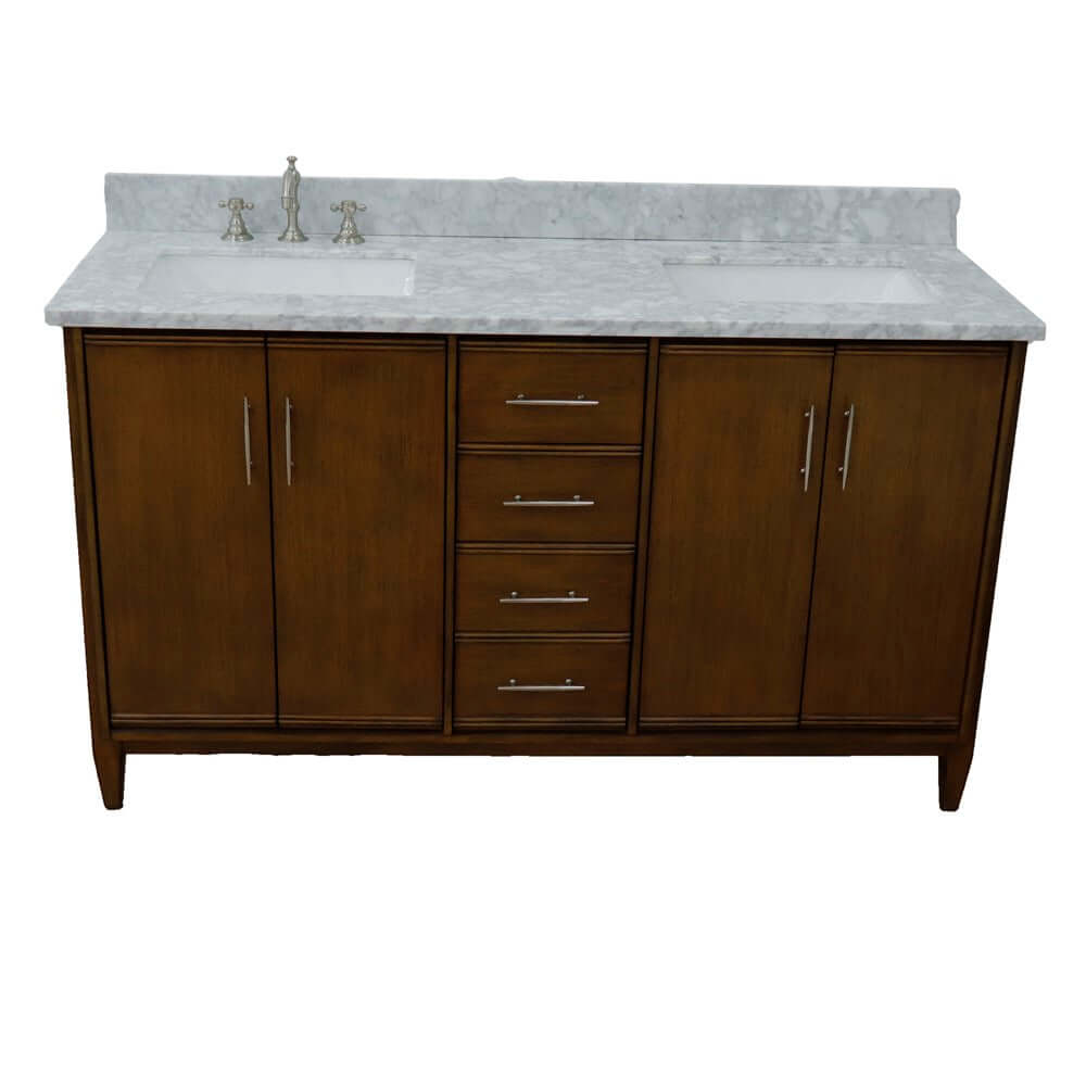 61" Double sink vanity in Walnut finish with White Carrara marble and rectangle sink - 400901-61D-WA-WMR