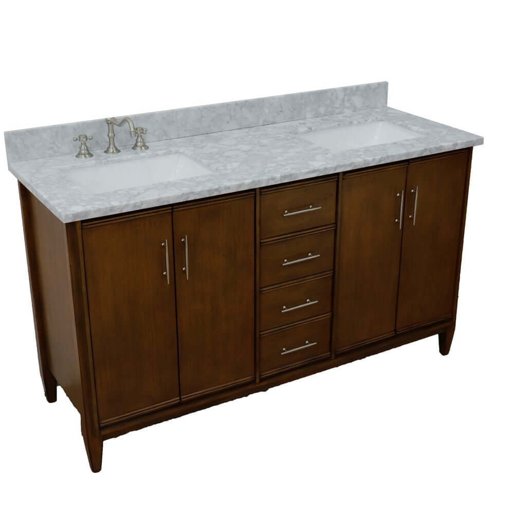 61" Double sink vanity in Walnut finish with White Carrara marble and rectangle sink - 400901-61D-WA-WMR