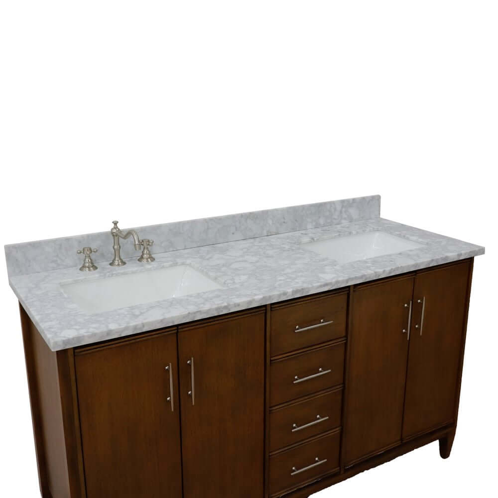 61" Double sink vanity in Walnut finish with White Carrara marble and rectangle sink - 400901-61D-WA-WMR