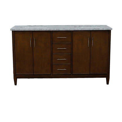 61" Double sink vanity in Walnut finish with White Carrara marble and rectangle sink - 400901-61D-WA-WMR