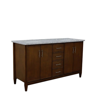 61" Double sink vanity in Walnut finish with White Carrara marble and rectangle sink - 400901-61D-WA-WMR