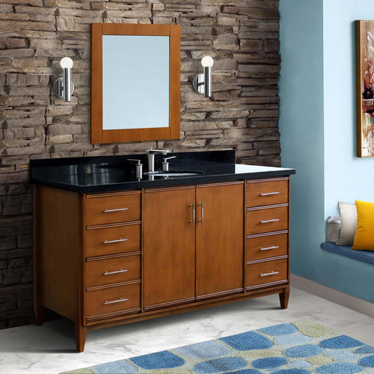 61" Single sink vanity in Walnut finish with Black galaxy granite and oval sink - 400901-61S-WA-BGO