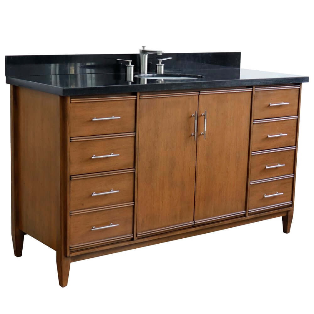 61" Single sink vanity in Walnut finish with Black galaxy granite and oval sink - 400901-61S-WA-BGO