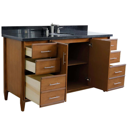 61" Single sink vanity in Walnut finish with Black galaxy granite and oval sink - 400901-61S-WA-BGO