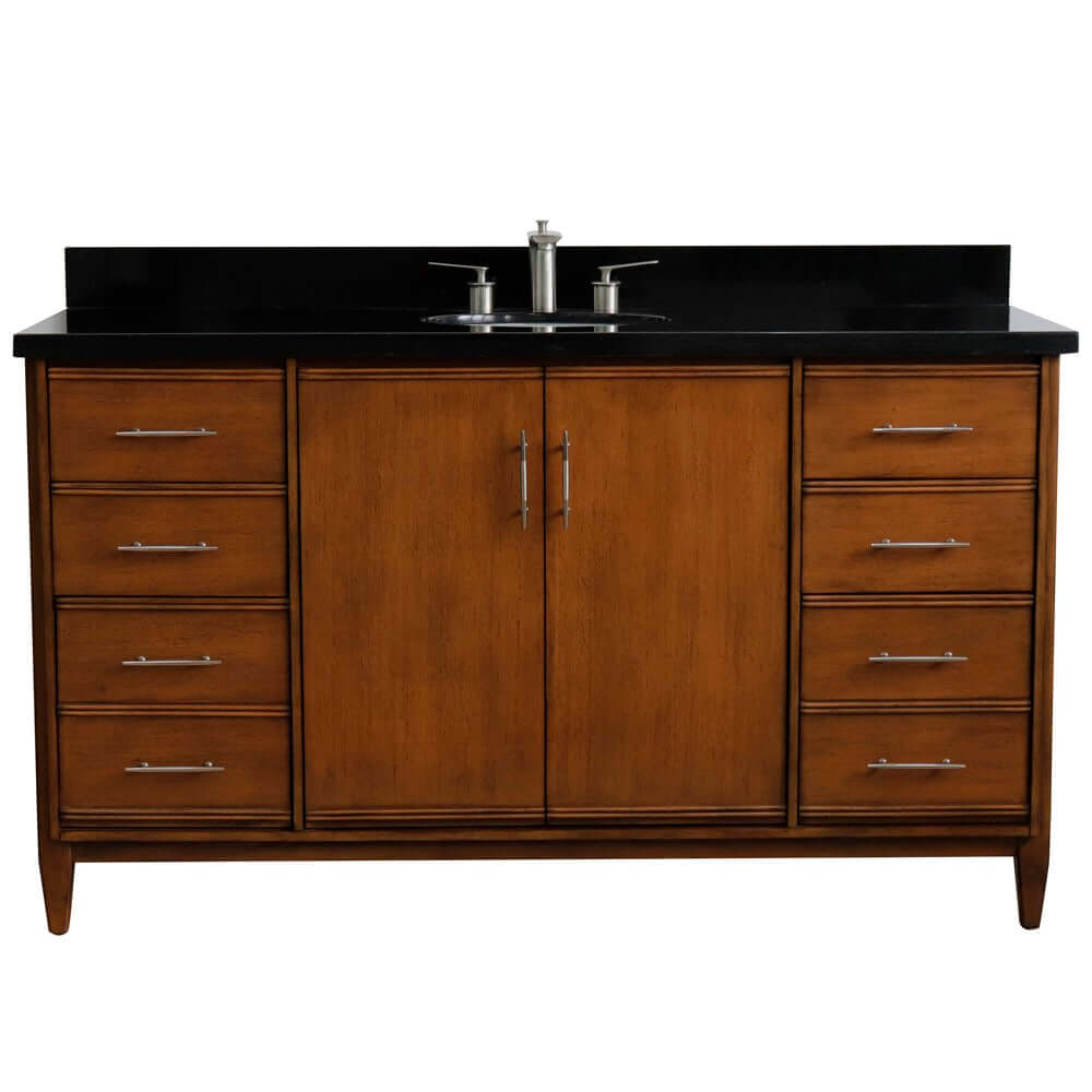 61" Single sink vanity in Walnut finish with Black galaxy granite and oval sink - 400901-61S-WA-BGO