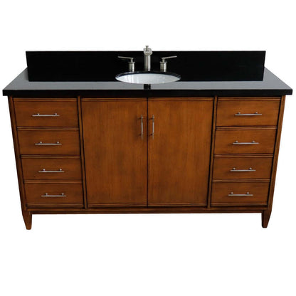 61" Single sink vanity in Walnut finish with Black galaxy granite and oval sink - 400901-61S-WA-BGO