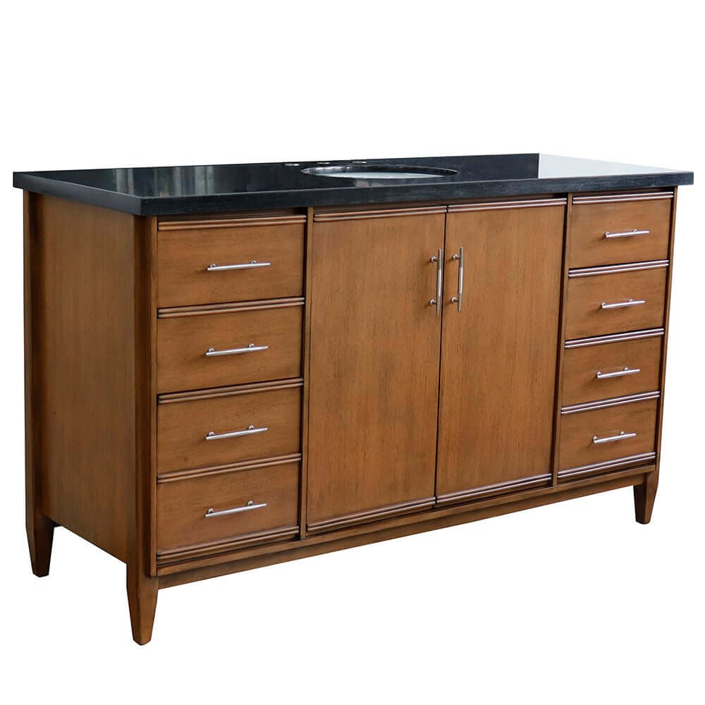 61" Single sink vanity in Walnut finish with Black galaxy granite and oval sink - 400901-61S-WA-BGO