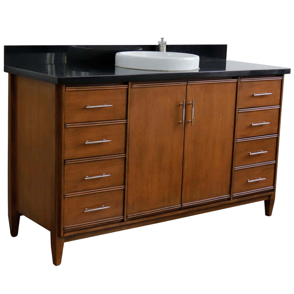 61" Single sink vanity in Walnut finish with Black galaxy granite and round sink - 400901-61S-WA-BGRD