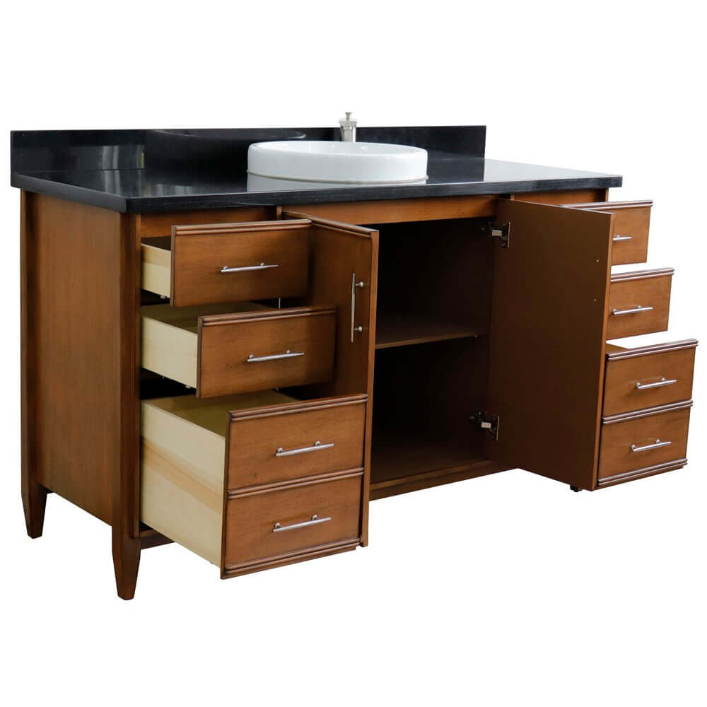 61" Single sink vanity in Walnut finish with Black galaxy granite and round sink - 400901-61S-WA-BGRD