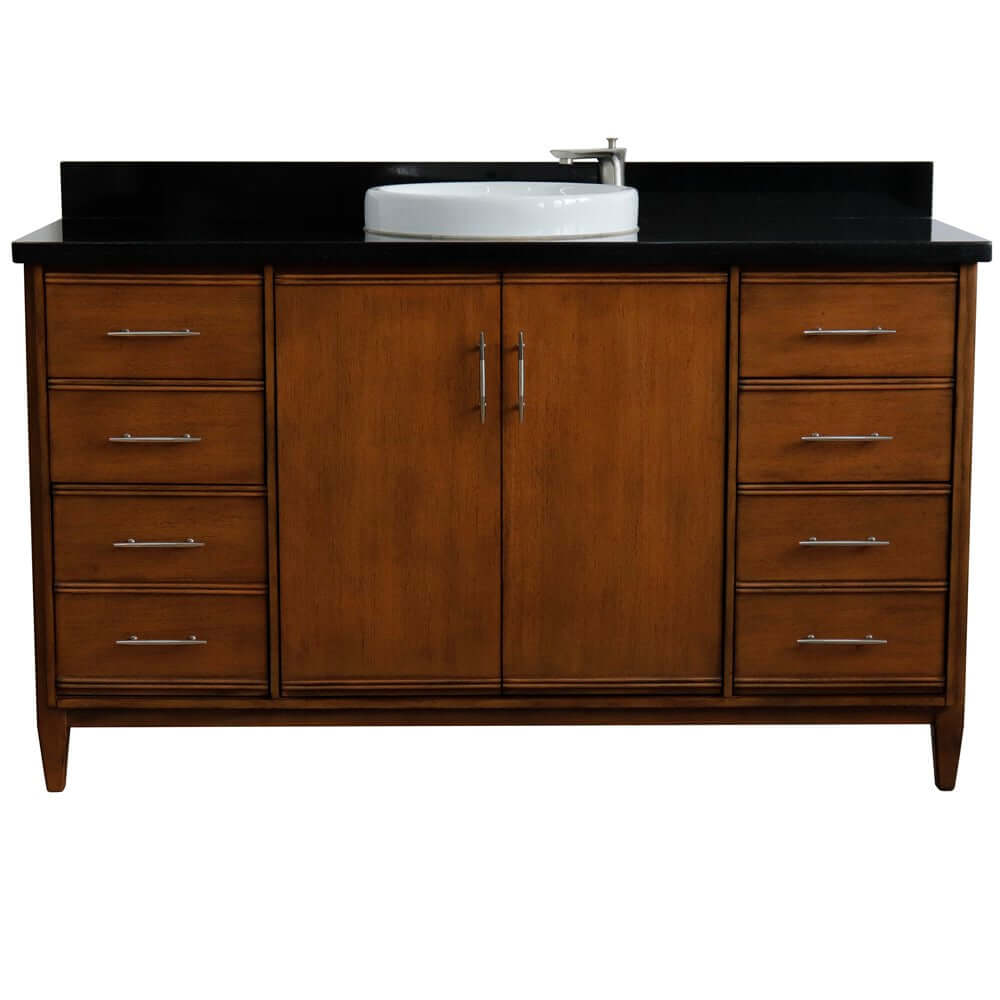 61" Single sink vanity in Walnut finish with Black galaxy granite and round sink - 400901-61S-WA-BGRD