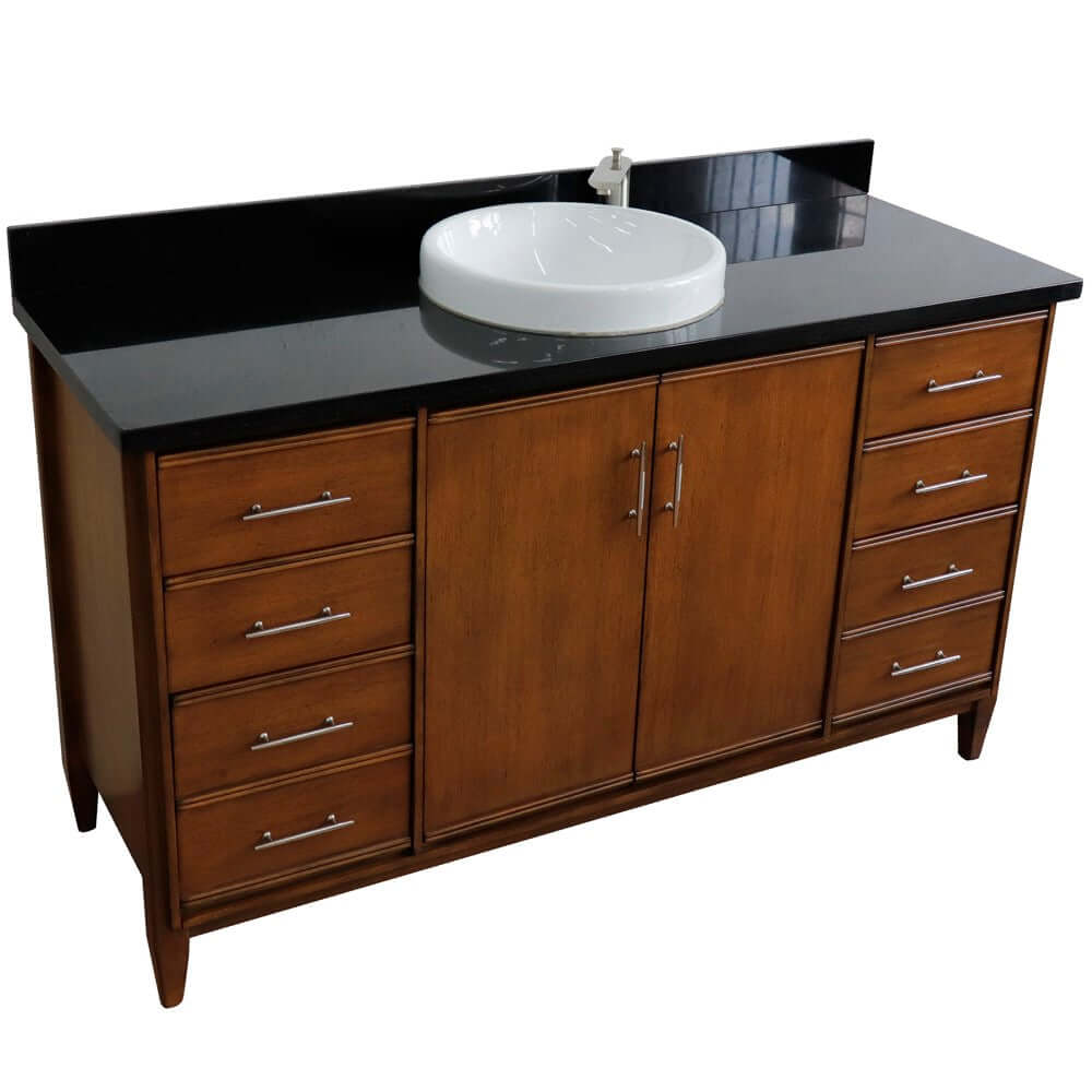 61" Single sink vanity in Walnut finish with Black galaxy granite and round sink - 400901-61S-WA-BGRD