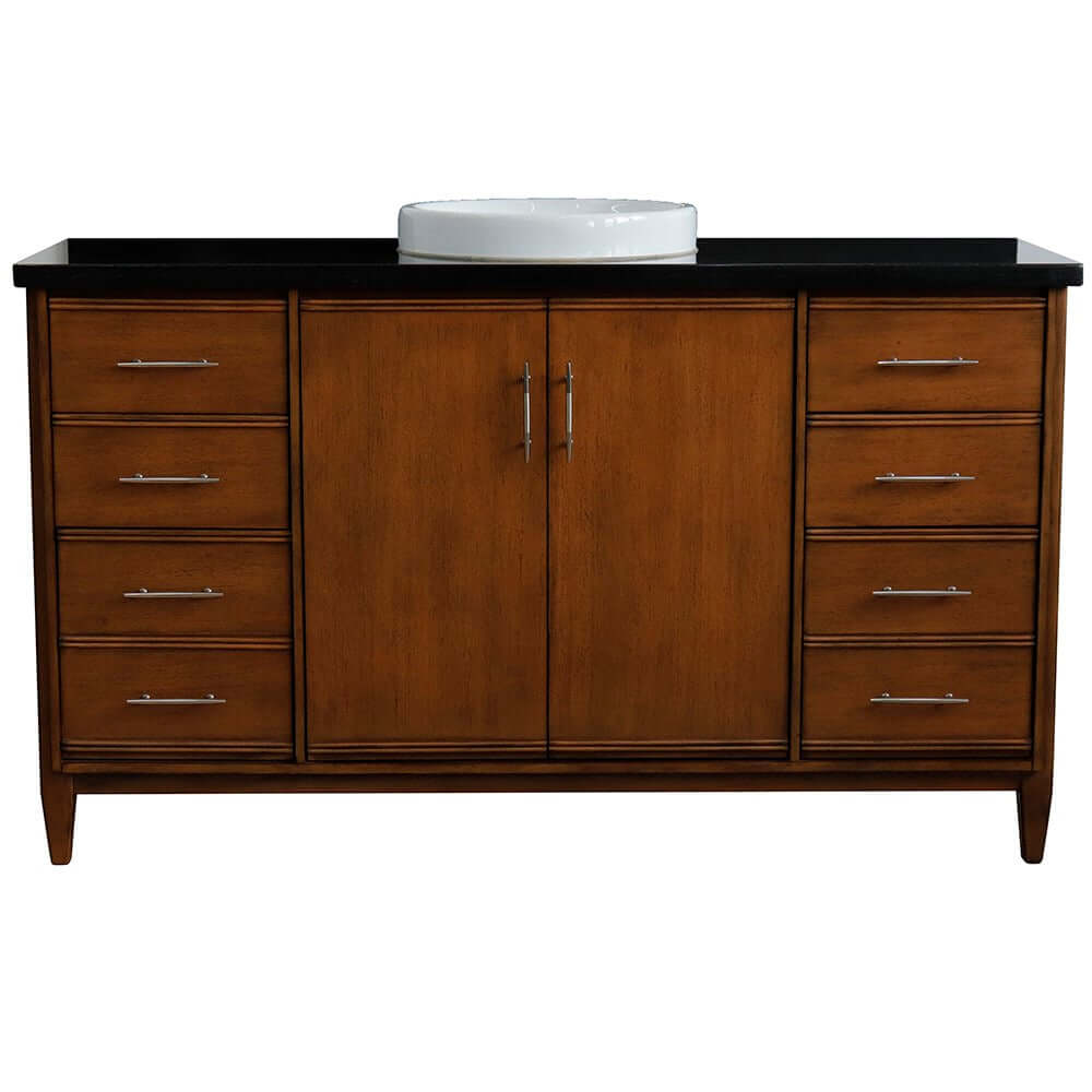 61" Single sink vanity in Walnut finish with Black galaxy granite and round sink - 400901-61S-WA-BGRD