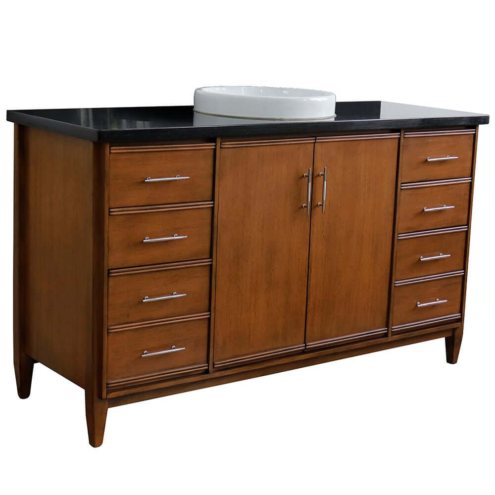 61" Single sink vanity in Walnut finish with Black galaxy granite and round sink - 400901-61S-WA-BGRD