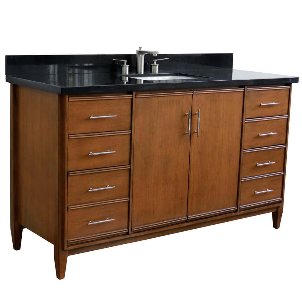 61" Single sink vanity in Walnut finish with Black galaxy granite and rectangle sink - 400901-61S-WA-BGR