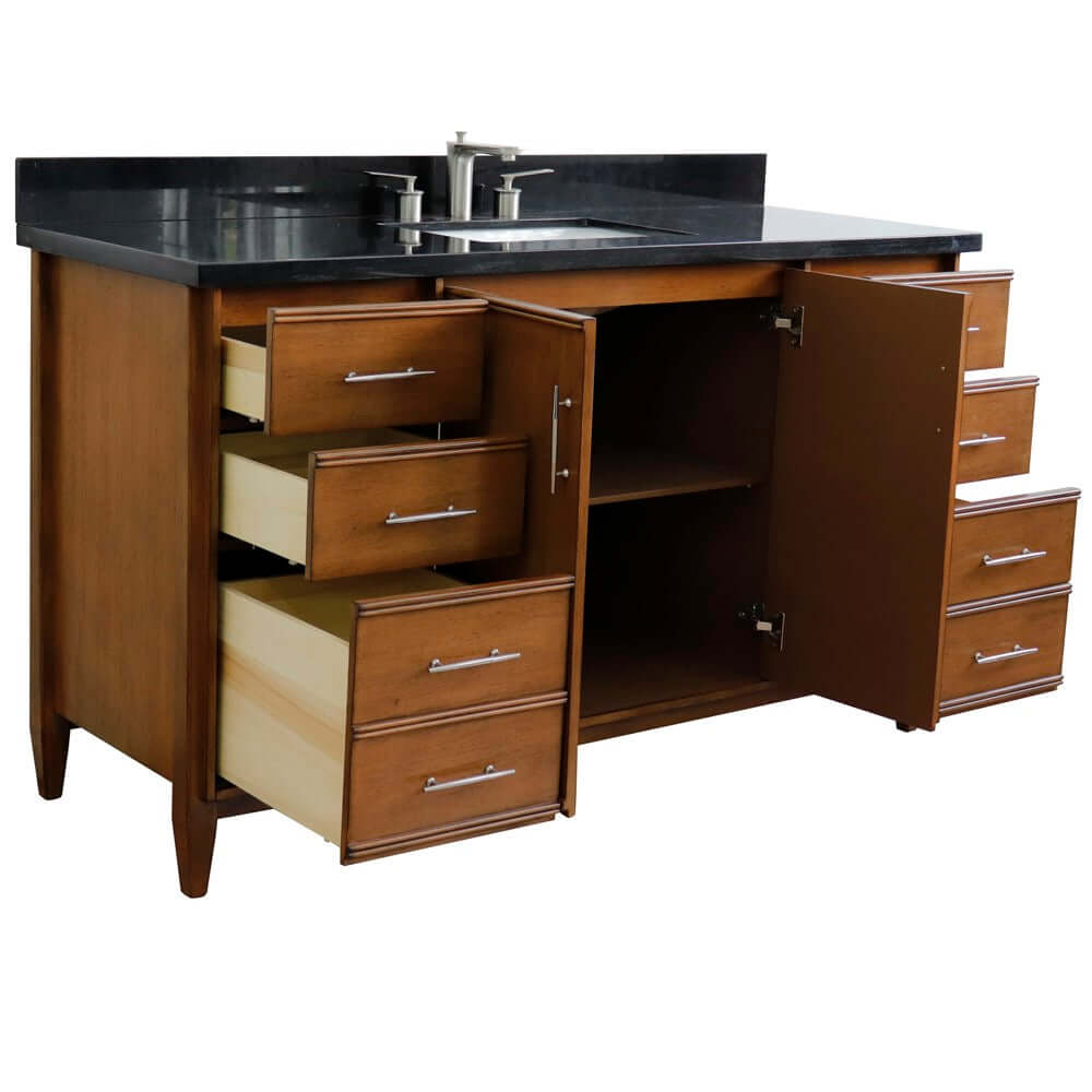 61" Single sink vanity in Walnut finish with Black galaxy granite and rectangle sink - 400901-61S-WA-BGR