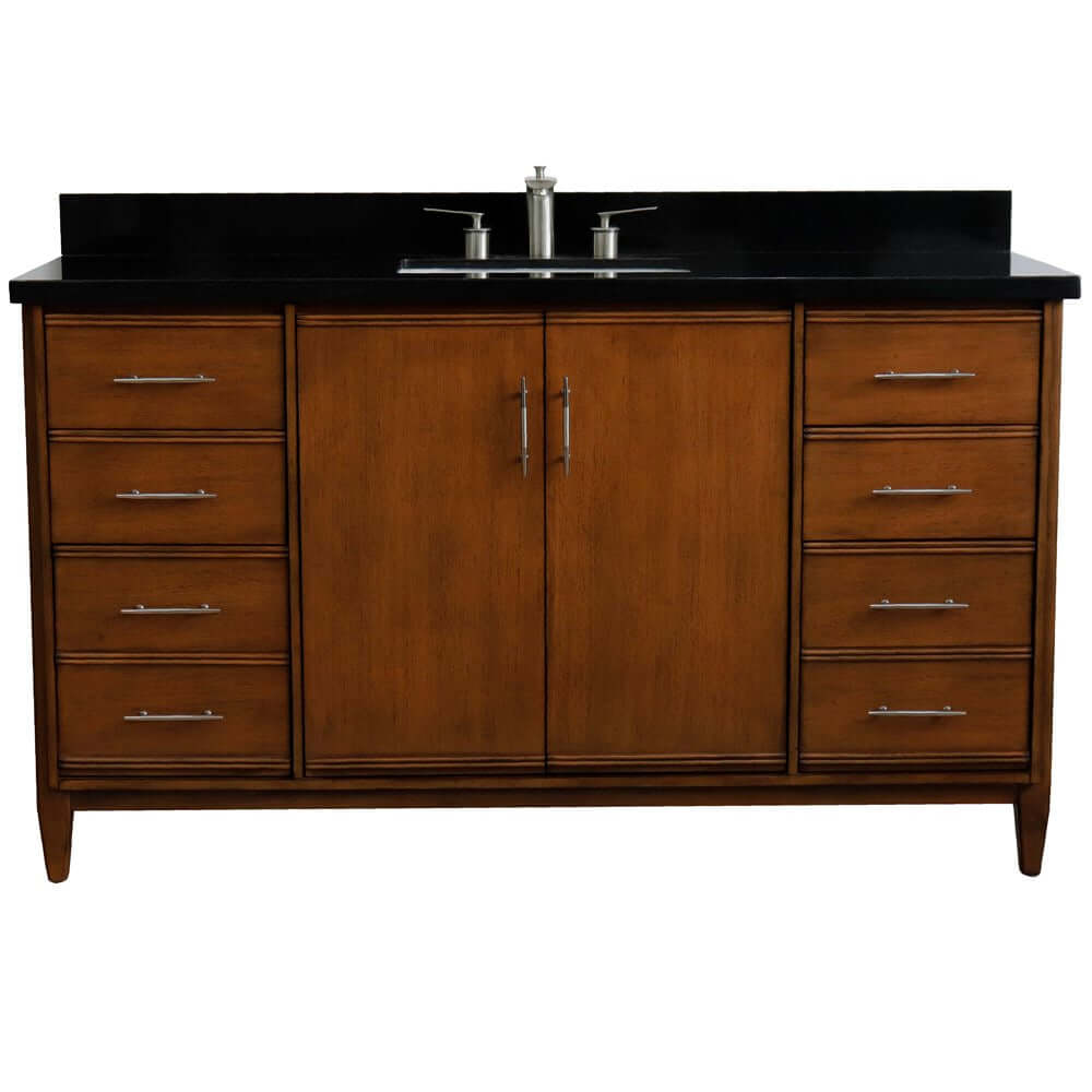 61" Single sink vanity in Walnut finish with Black galaxy granite and rectangle sink - 400901-61S-WA-BGR