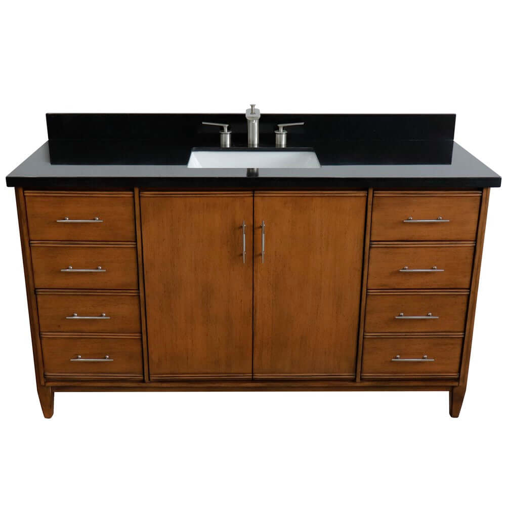 61" Single sink vanity in Walnut finish with Black galaxy granite and rectangle sink - 400901-61S-WA-BGR