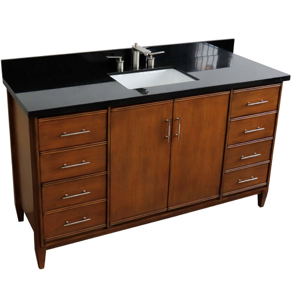 61" Single sink vanity in Walnut finish with Black galaxy granite and rectangle sink - 400901-61S-WA-BGR