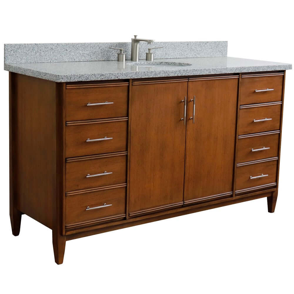 61" Single sink vanity in Walnut finish with Gray granite and oval sink - 400901-61S-WA-GYO