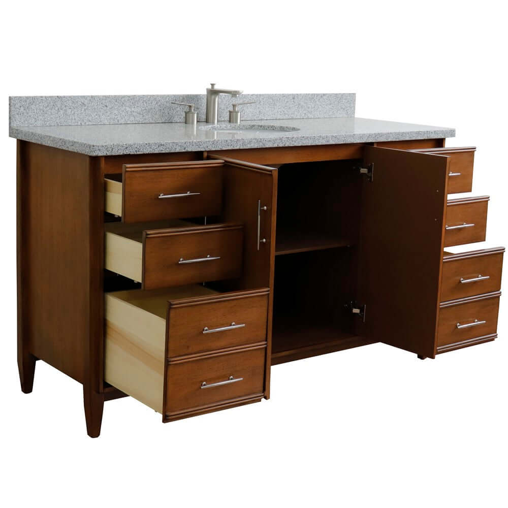 61" Single sink vanity in Walnut finish with Gray granite and oval sink - 400901-61S-WA-GYO