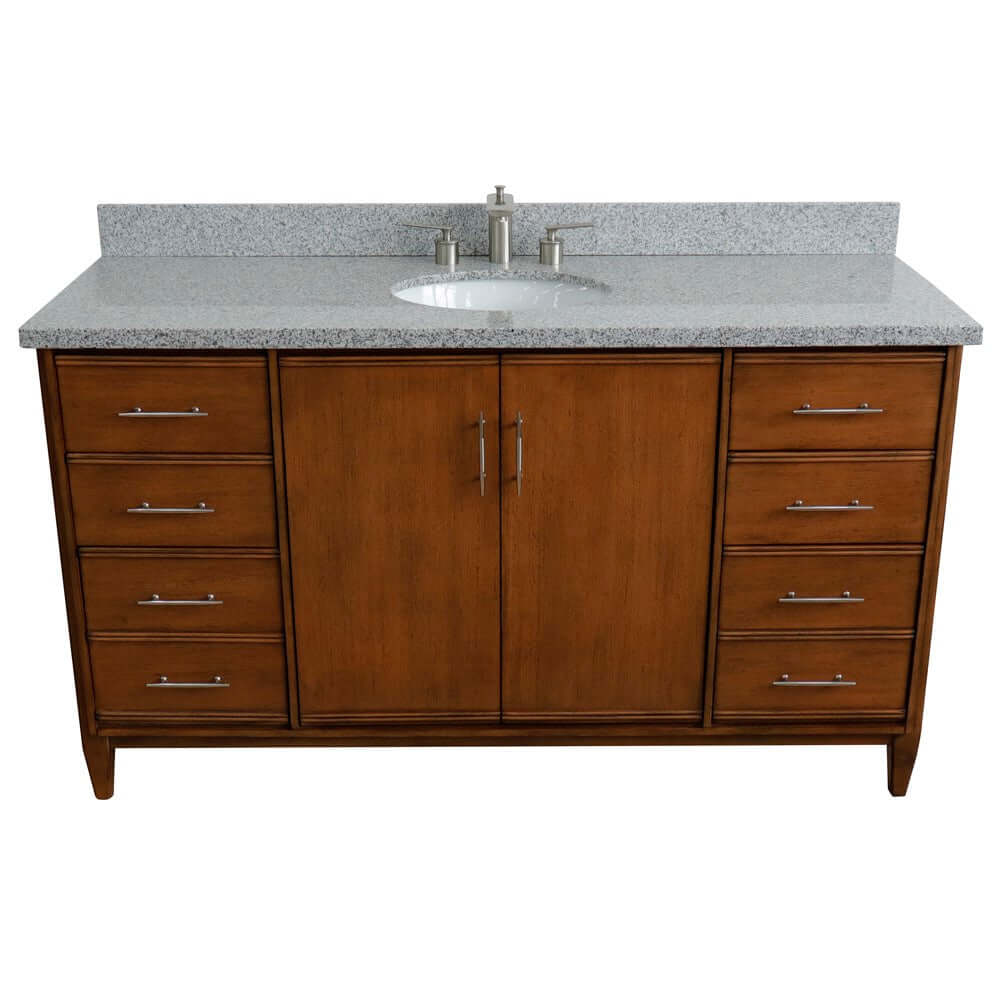 61" Single sink vanity in Walnut finish with Gray granite and oval sink - 400901-61S-WA-GYO