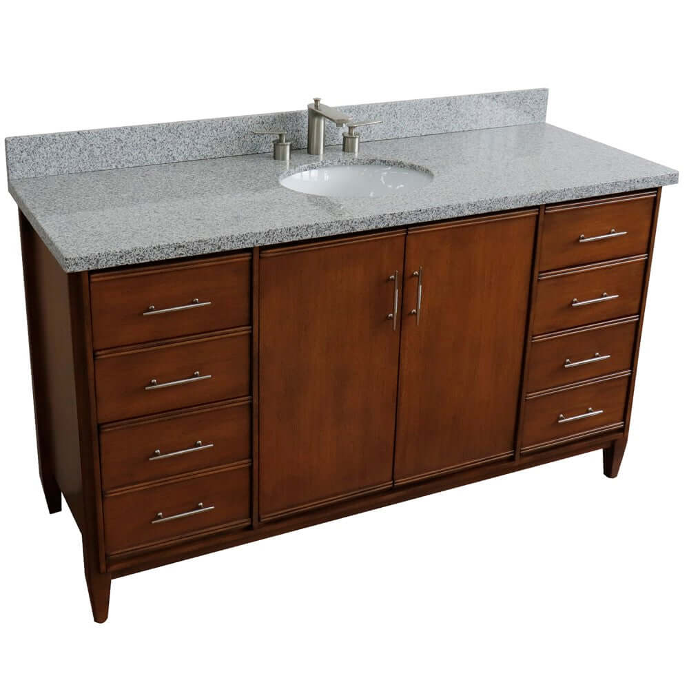 61" Single sink vanity in Walnut finish with Gray granite and oval sink - 400901-61S-WA-GYO