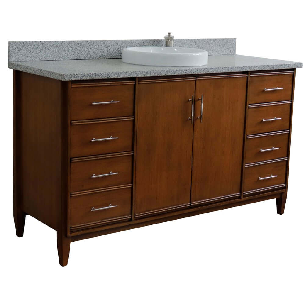 61" Single sink vanity in Walnut finish with Gray granite and round sink - 400901-61S-WA-GYRD