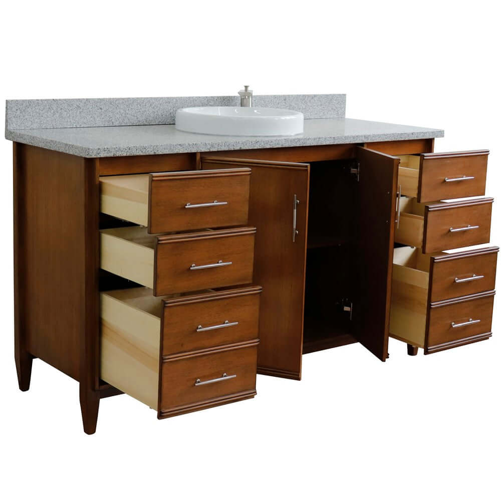 61" Single sink vanity in Walnut finish with Gray granite and round sink - 400901-61S-WA-GYRD