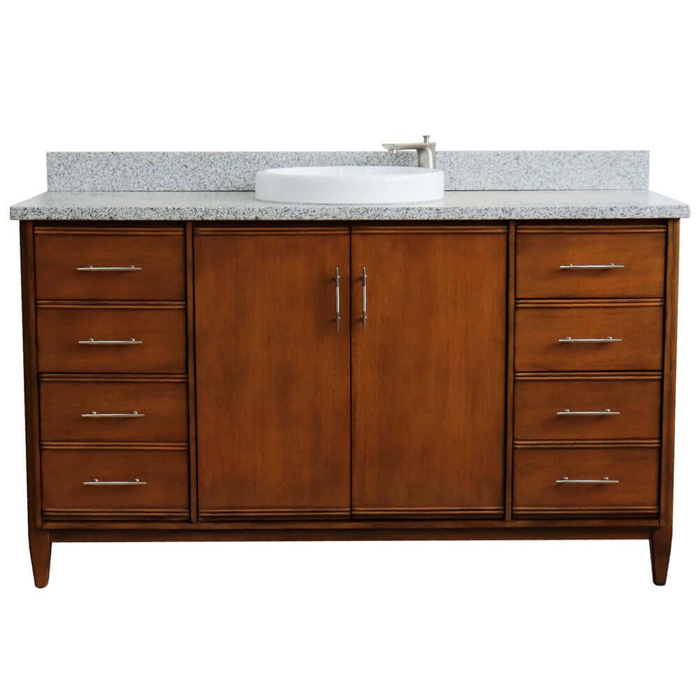 61" Single sink vanity in Walnut finish with Gray granite and round sink - 400901-61S-WA-GYRD