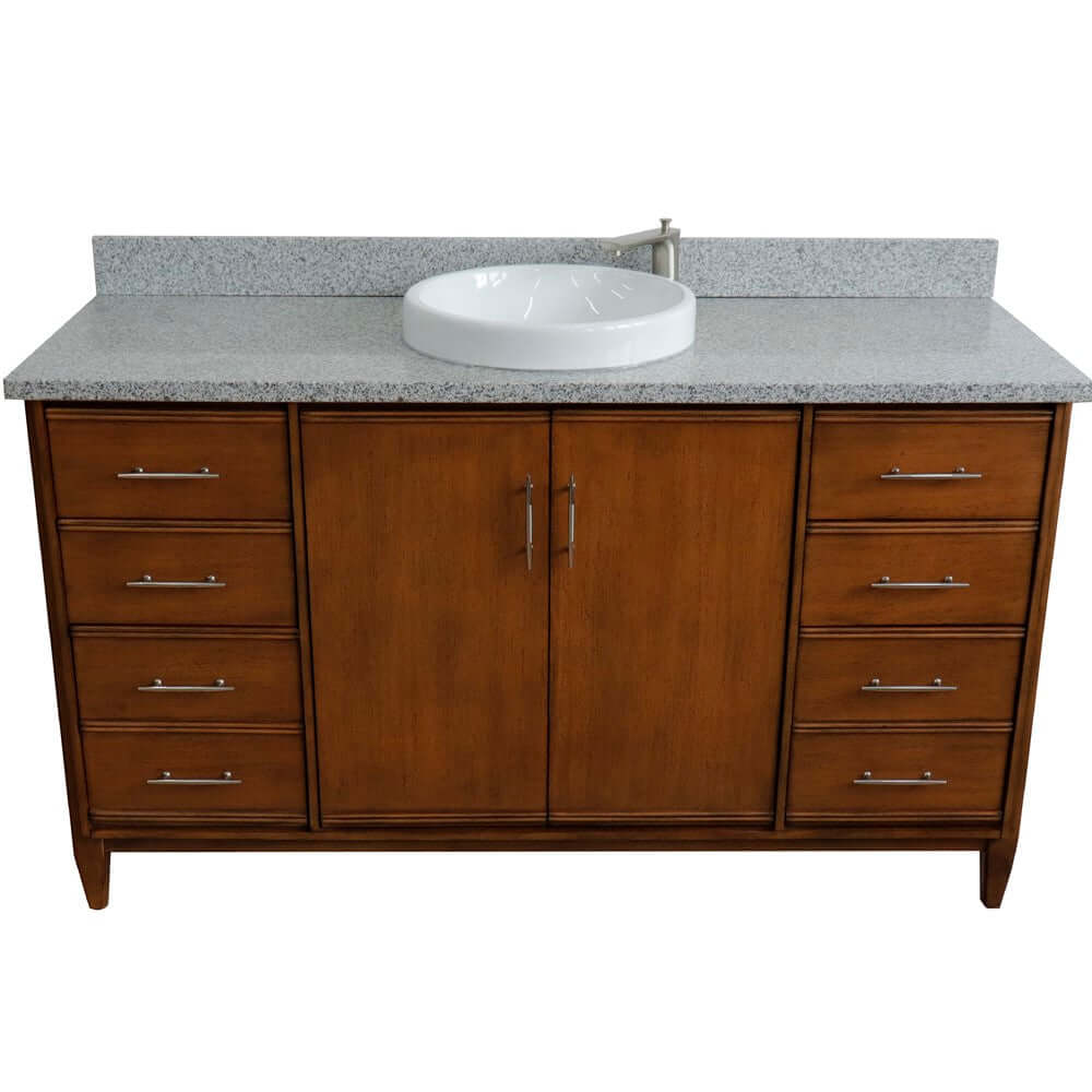 61" Single sink vanity in Walnut finish with Gray granite and round sink - 400901-61S-WA-GYRD