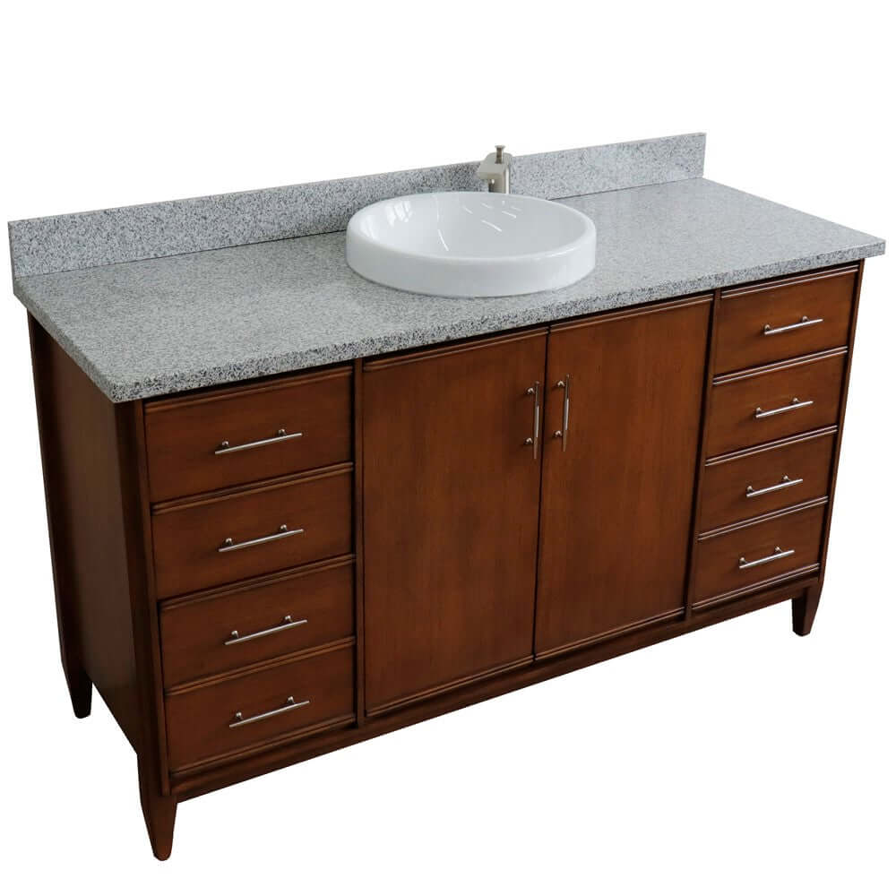 61" Single sink vanity in Walnut finish with Gray granite and round sink - 400901-61S-WA-GYRD