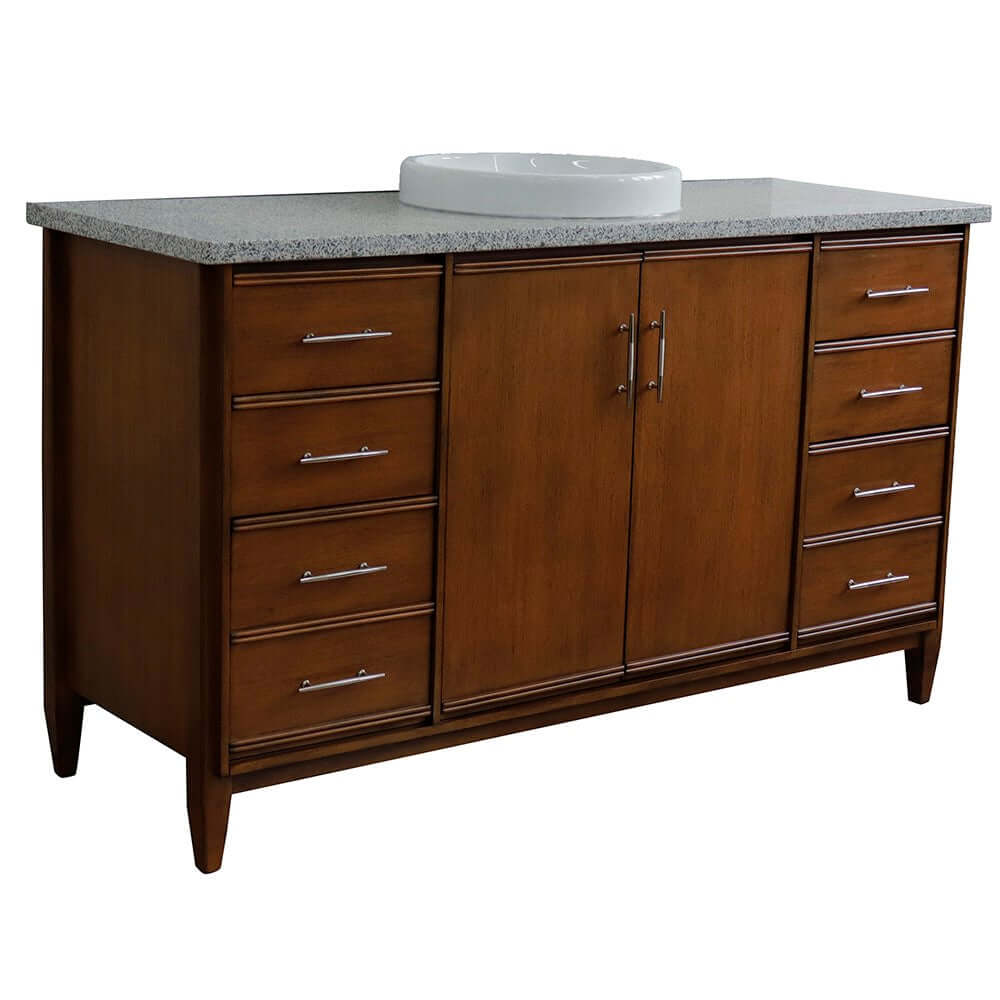 61" Single sink vanity in Walnut finish with Gray granite and round sink - 400901-61S-WA-GYRD