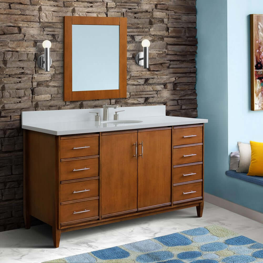 61" Single sink vanity in Walnut finish with White quartz and oval sink - 400901-61S-WA-WEO