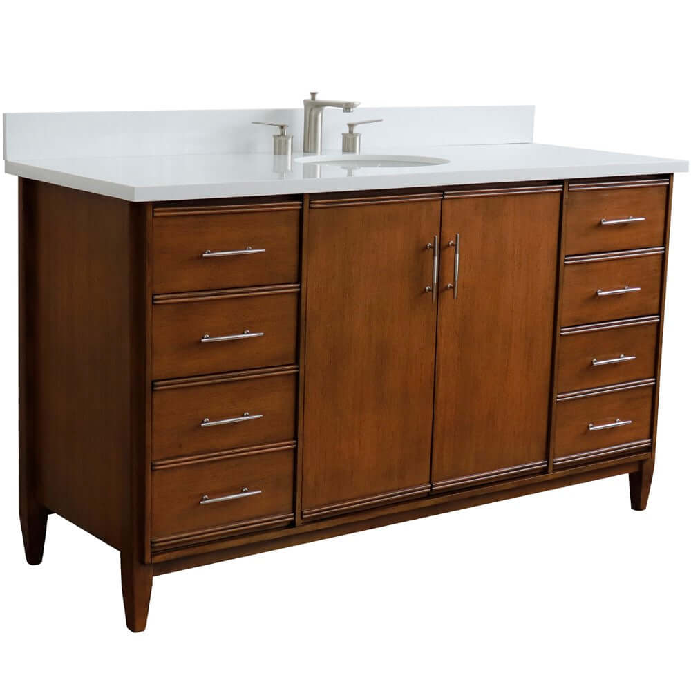 61" Single sink vanity in Walnut finish with White quartz and oval sink - 400901-61S-WA-WEO