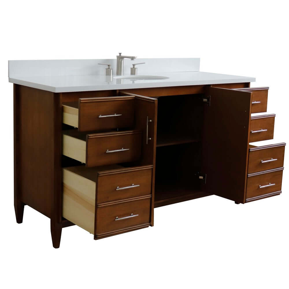 61" Single sink vanity in Walnut finish with White quartz and oval sink - 400901-61S-WA-WEO