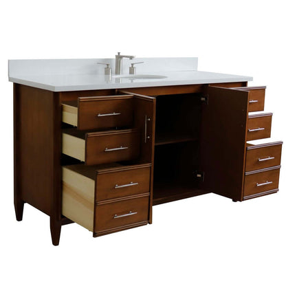 61" Single sink vanity in Walnut finish with White quartz and oval sink - 400901-61S-WA-WEO