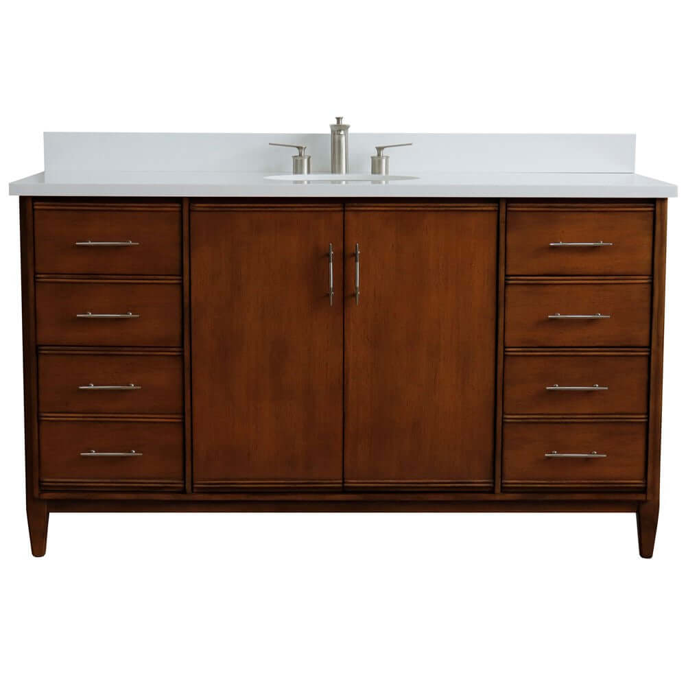 61" Single sink vanity in Walnut finish with White quartz and oval sink - 400901-61S-WA-WEO