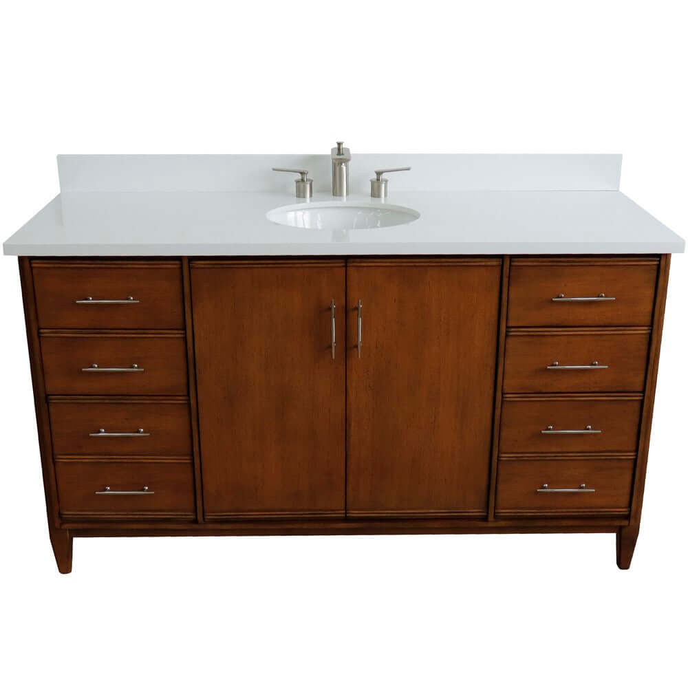 61" Single sink vanity in Walnut finish with White quartz and oval sink - 400901-61S-WA-WEO