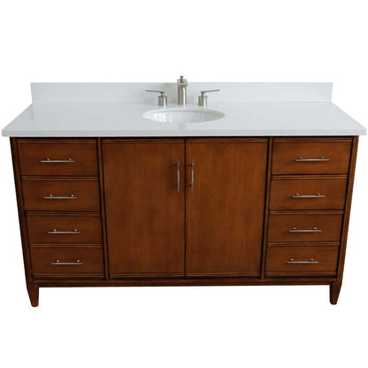 61" Single sink vanity in Walnut finish with White quartz and oval sink - 400901-61S-WA-WEO