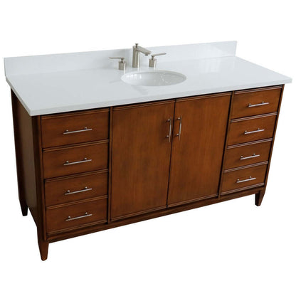 61" Single sink vanity in Walnut finish with White quartz and oval sink - 400901-61S-WA-WEO