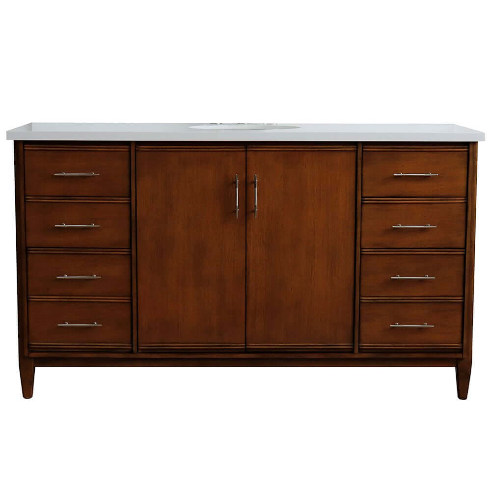 61" Single sink vanity in Walnut finish with White quartz and oval sink - 400901-61S-WA-WEO