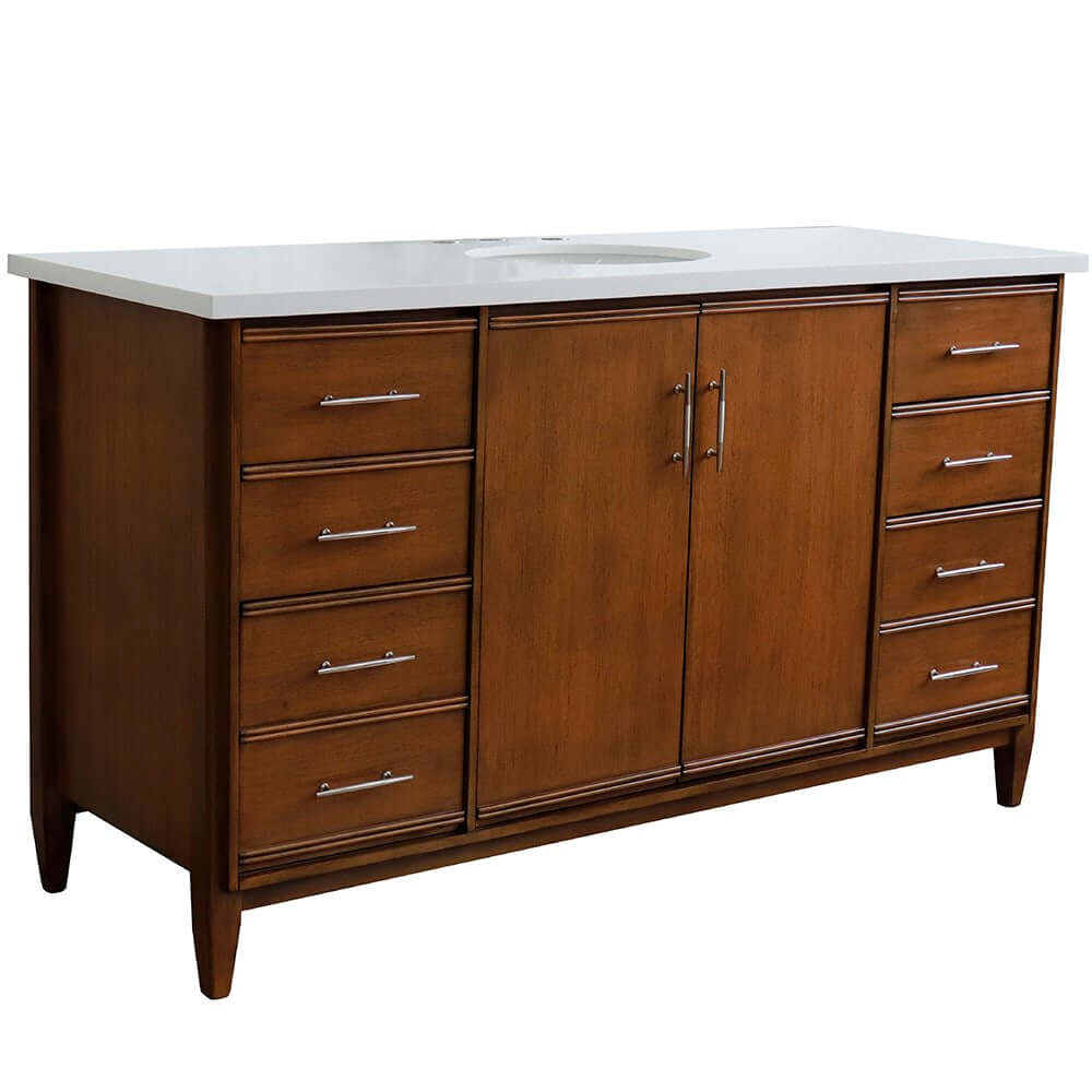 61" Single sink vanity in Walnut finish with White quartz and oval sink - 400901-61S-WA-WEO