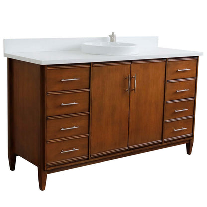 61" Single sink vanity in Walnut finish with White quartz and round sink - 400901-61S-WA-WERD