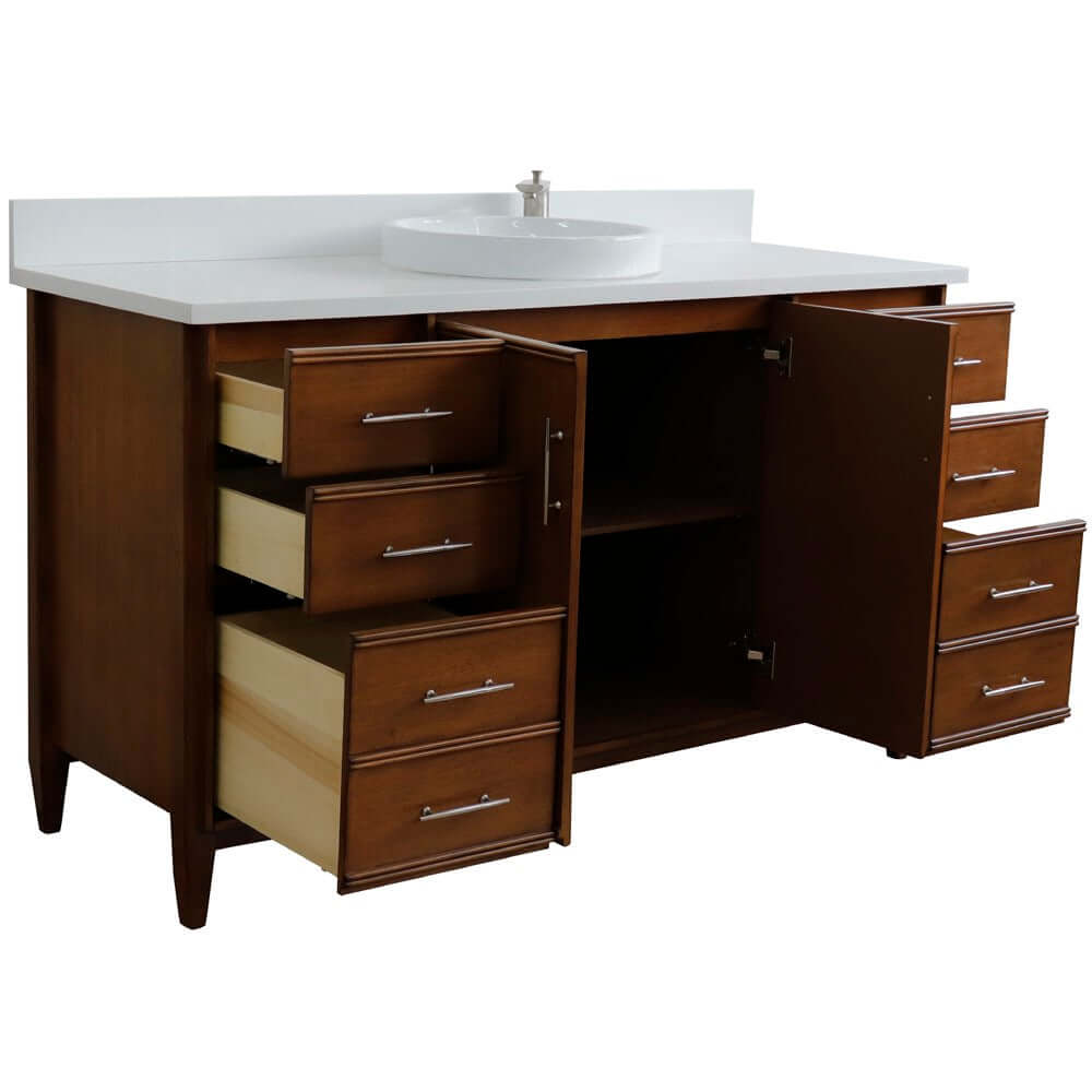 61" Single sink vanity in Walnut finish with White quartz and round sink - 400901-61S-WA-WERD