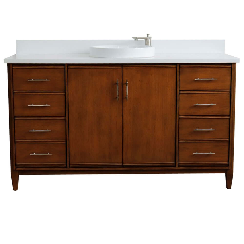 61" Single sink vanity in Walnut finish with White quartz and round sink - 400901-61S-WA-WERD